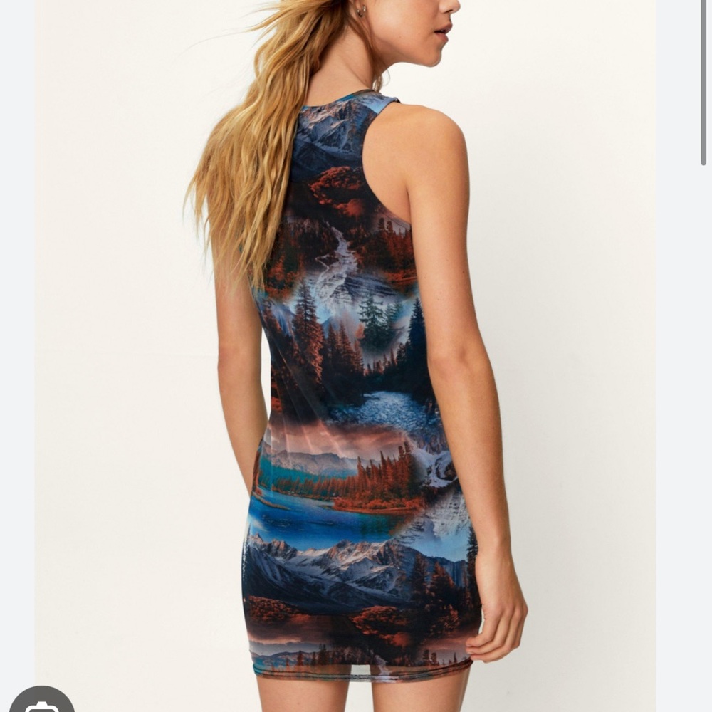 Nastygal landscape scenic print sleeveless mesh mini dress